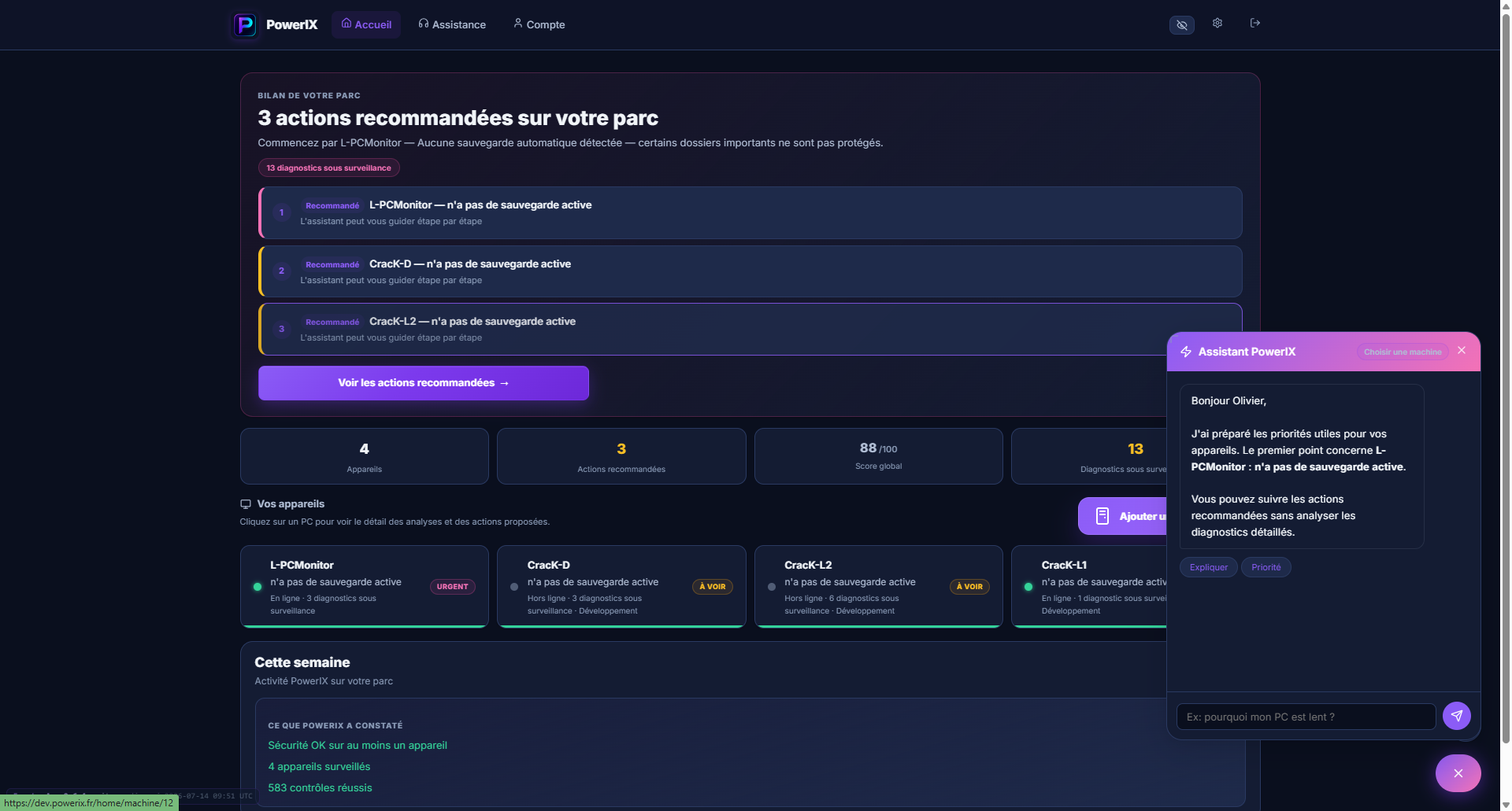 Tableau de bord PowerIX avec bilan du parc, actions recommandées et assistant