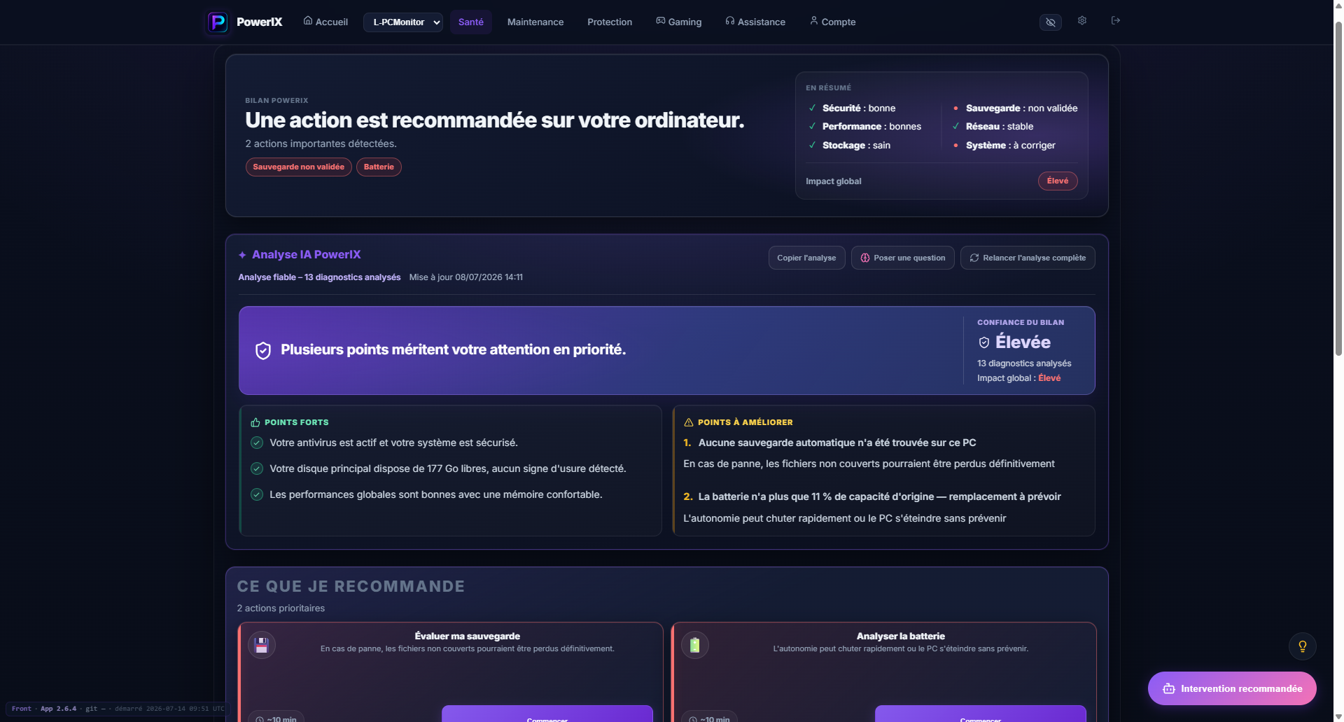 Page Santé PowerIX avec bilan, analyse IA et actions recommandées
