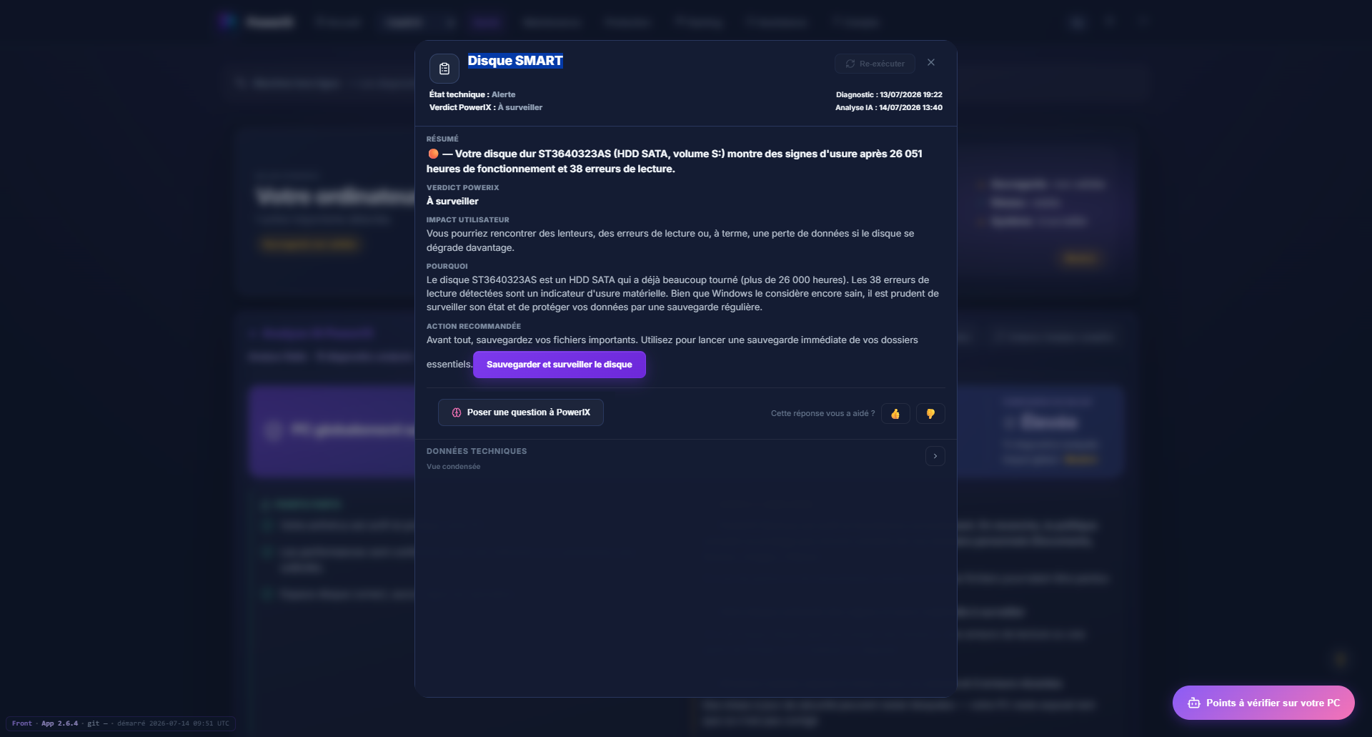 Alerte santé du disque dur PowerIX avec recommandation de sauvegarde